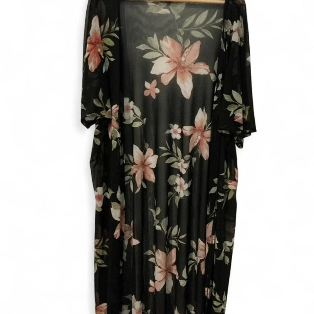 Tiffany & Grey Floral Mesh Kimono Womens OS Black Peach Excellent Sheer Cardigan